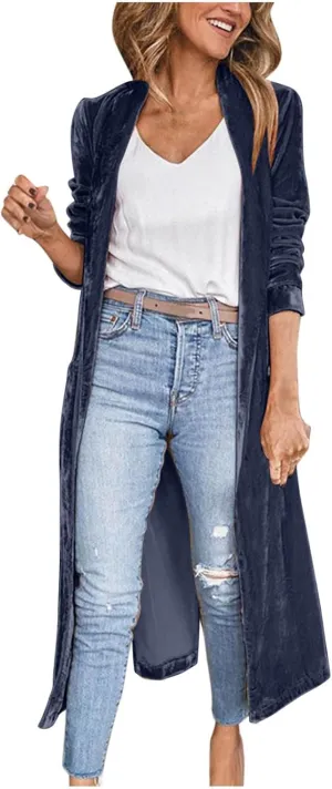 TIMIFIS Velvet Trench Coat Women Plus Size Winter Jackets Fashion Lightweight Jacket Open Front Long Cardigan with Pocket