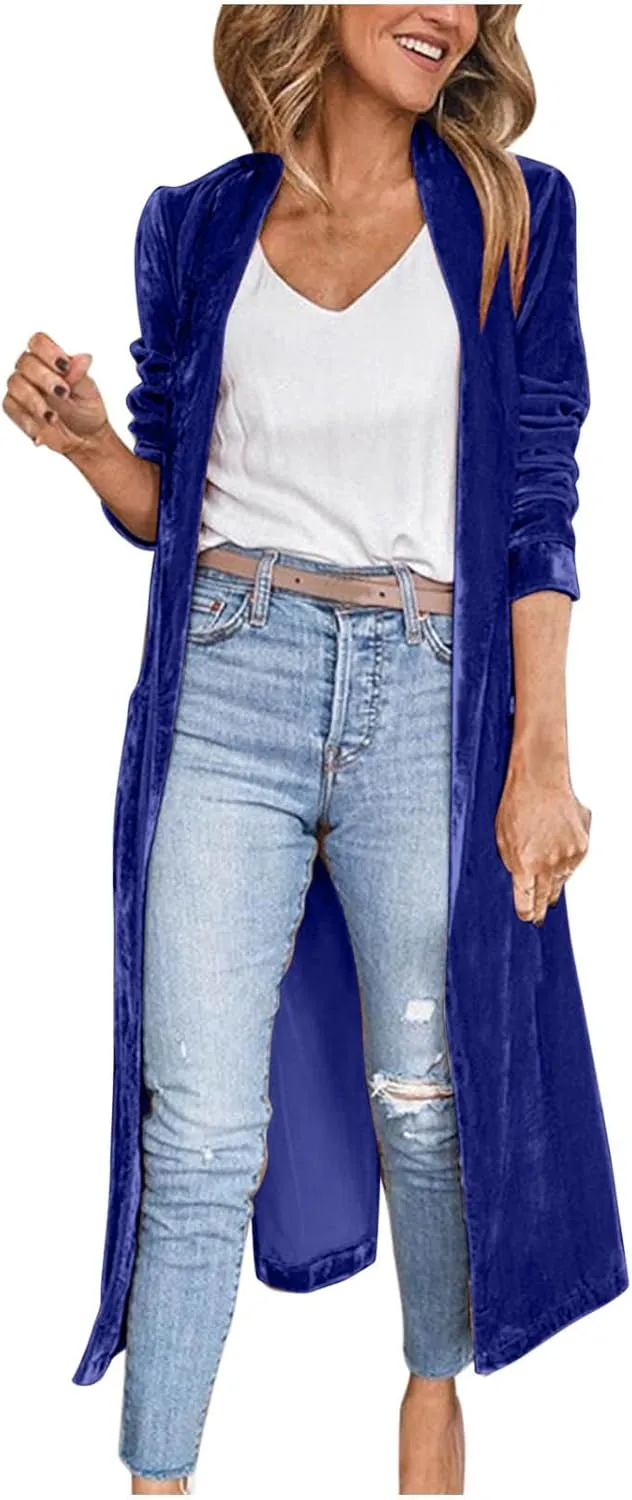 TIMIFIS Velvet Trench Coat Women Plus Size Winter Jackets Fashion Lightweight Jacket Open Front Long Cardigan with Pocket