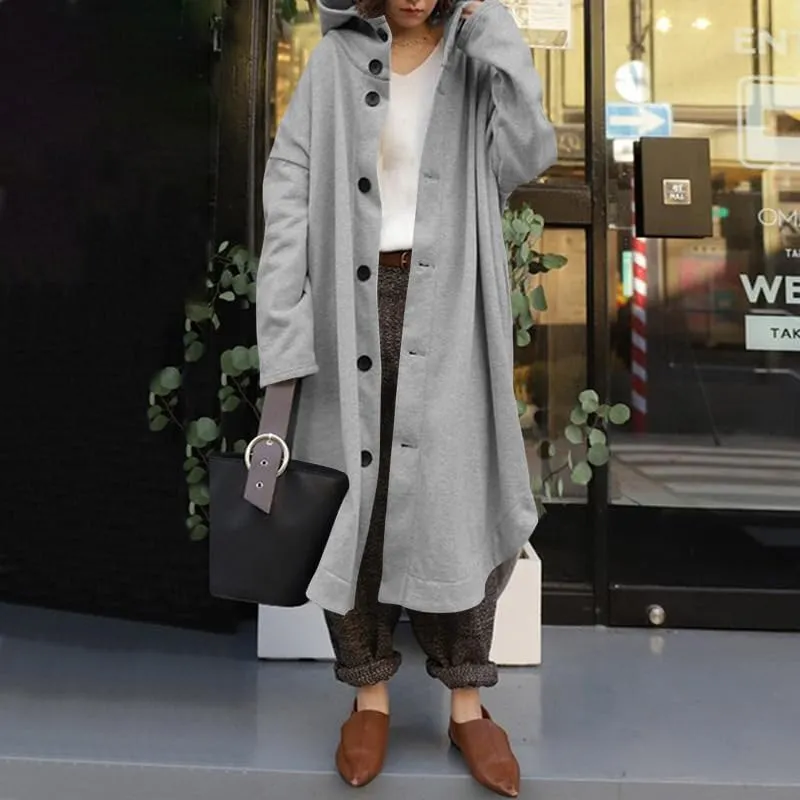 Trench Coats for Women Fall Winter 2024 Lightweight Hooded Button Down Long Coats Jacket Overcoat