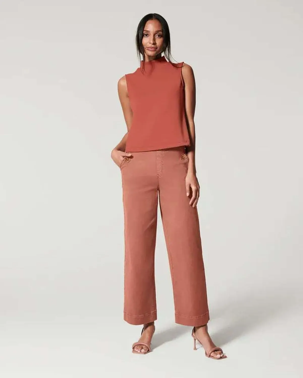 Tummy Control Twill Cropped Wide Leg Pant, Plus Size Wide Leg, Stretch Twill Cropped Wide Leg Pant, Small, Black