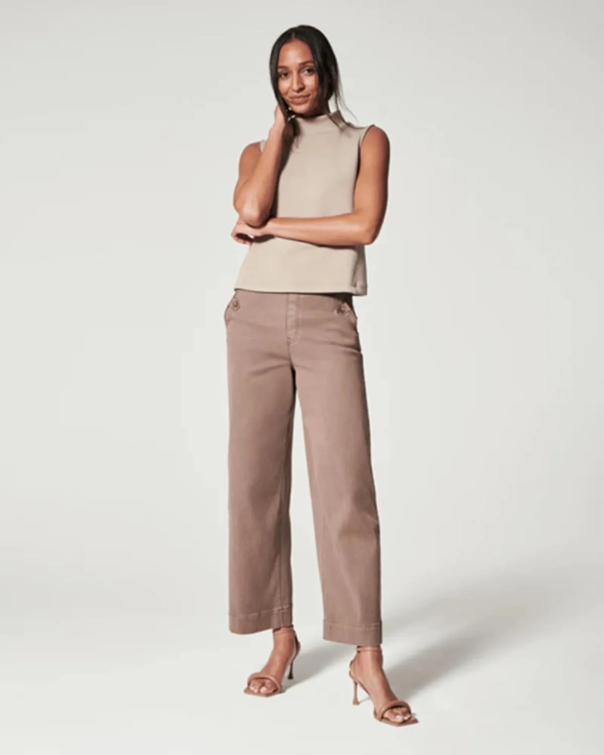 Tummy Control Twill Cropped Wide Leg Pant, Plus Size Wide Leg, Stretch Twill Cropped Wide Leg Pant, Small, Black