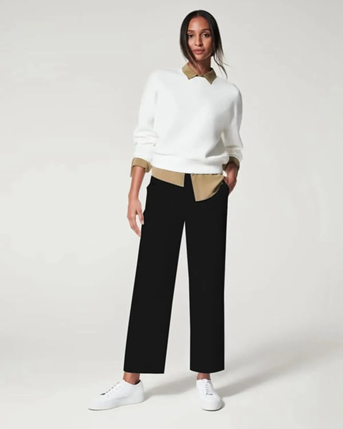 Tummy Control Twill Cropped Wide Leg Pant, Plus Size Wide Leg, Stretch Twill Cropped Wide Leg Pant, Small, Black
