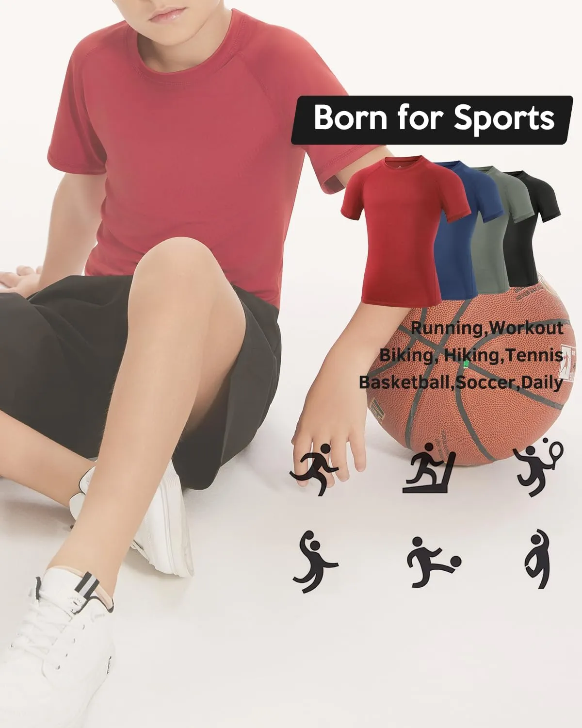 Ullnoy 4 Pack Boys Athletic Compression Shirts Short Sleeve Dry Fit T Shirts for Kids Moisture Wicking Athletic Tees
