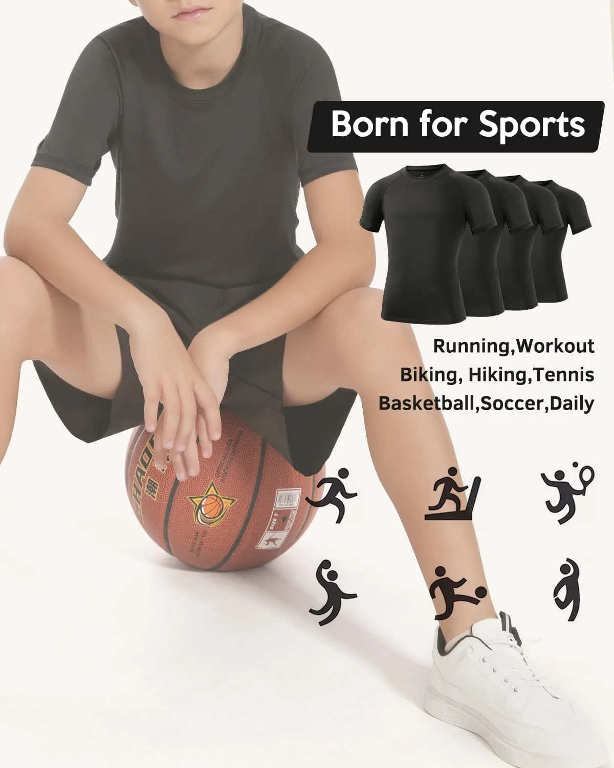 Ullnoy 4 Pack Boys Athletic Compression Shirts Short Sleeve Dry Fit T Shirts for Kids Moisture Wicking Athletic Tees