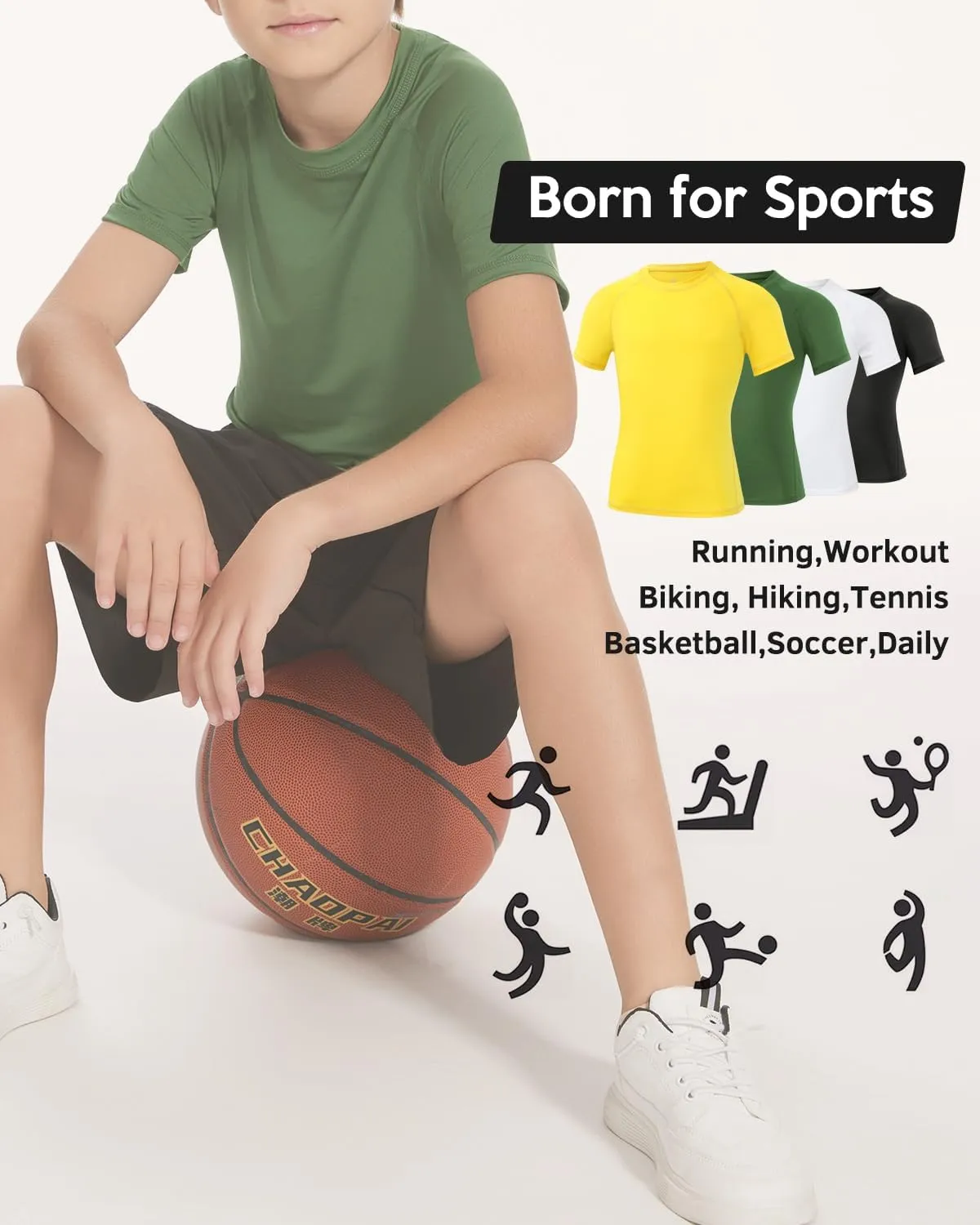 Ullnoy 4 Pack Boys Athletic Compression Shirts Short Sleeve Dry Fit T Shirts for Kids Moisture Wicking Athletic Tees