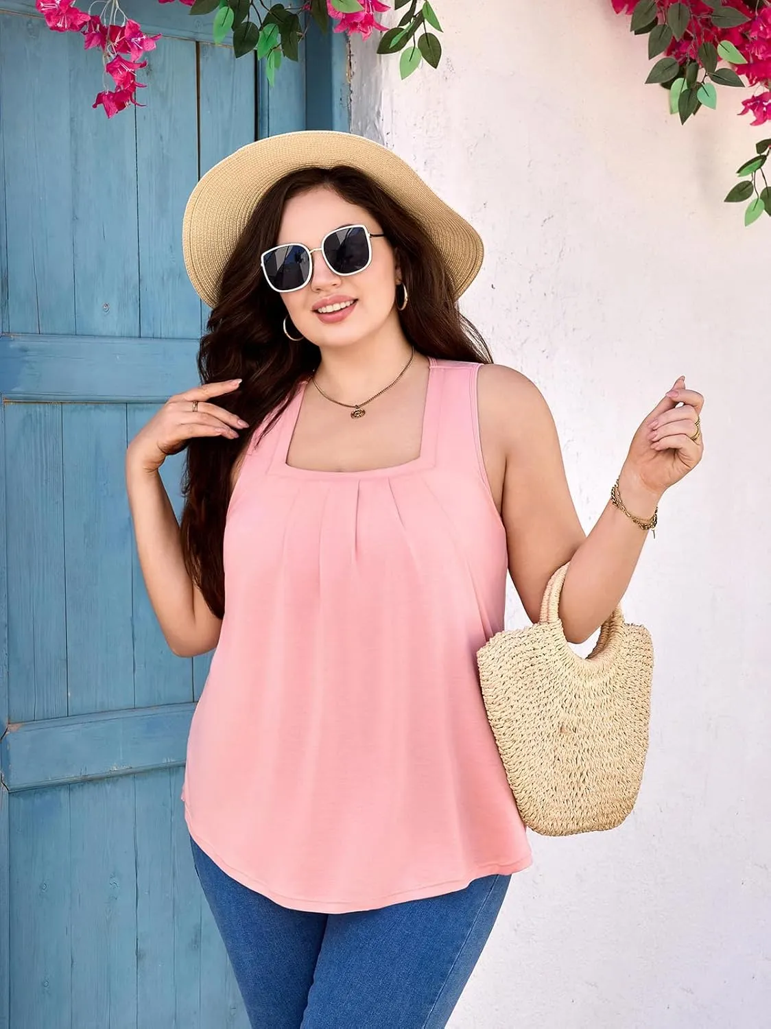 V FOR CITY Women Plus Size Loose Tank Tops with Built in Bra Square Neck Summer Shirts Flowy Casual Tunic