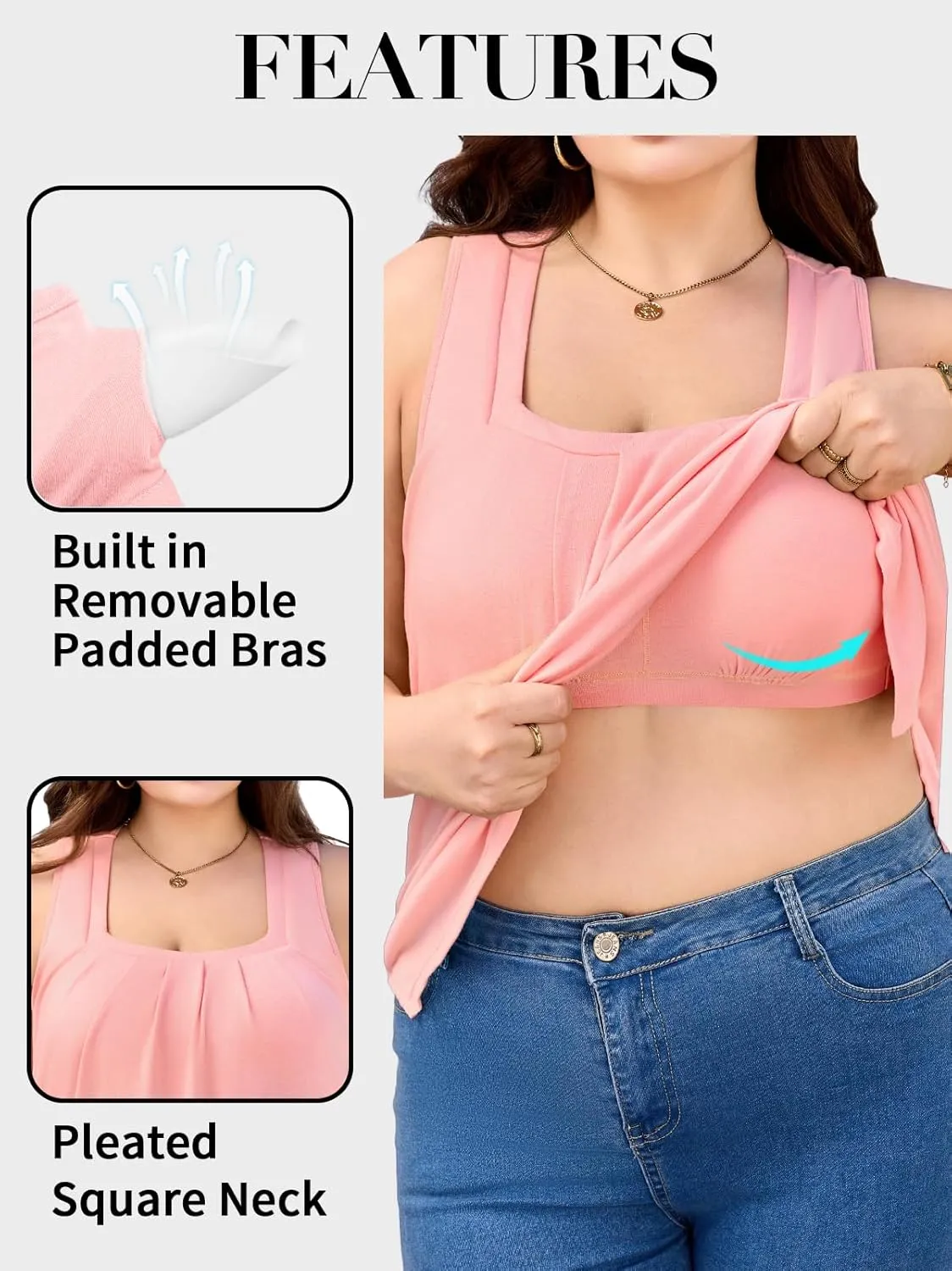 V FOR CITY Women Plus Size Loose Tank Tops with Built in Bra Square Neck Summer Shirts Flowy Casual Tunic