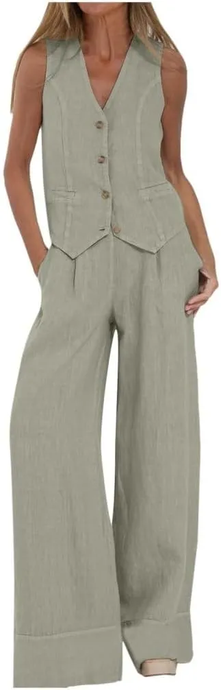 Vest Pant Suits for Women Cotton Linen Dressy Casual 2 Piece Sets Sleeveless 2024 Blazer Vest High Rise Wide Leg Pants Set