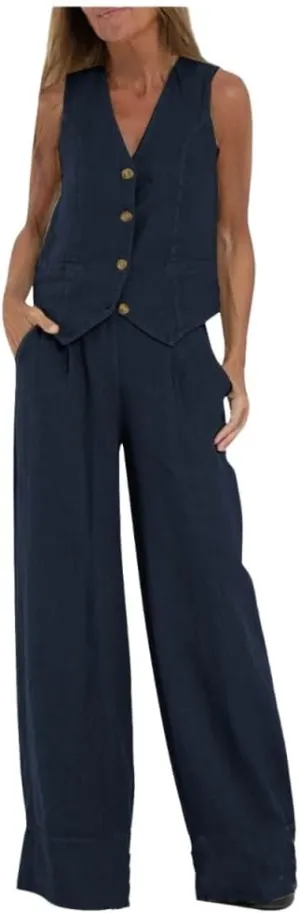Vest Pant Suits for Women Cotton Linen Dressy Casual 2 Piece Sets Sleeveless 2024 Blazer Vest High Rise Wide Leg Pants Set