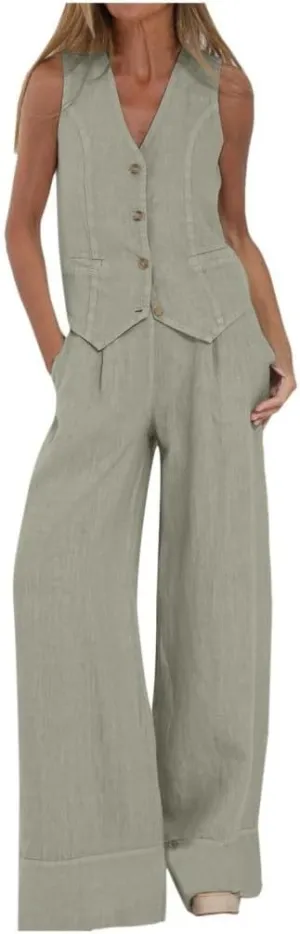 Vest Pant Suits for Women Cotton Linen Dressy Casual 2 Piece Sets Sleeveless 2024 Blazer Vest High Rise Wide Leg Pants Set