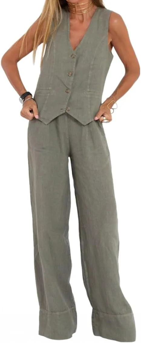 Vest Pant Suits for Women Cotton Linen Dressy Casual 2 Piece Sets Sleeveless 2024 Blazer Vest High Rise Wide Leg Pants Set