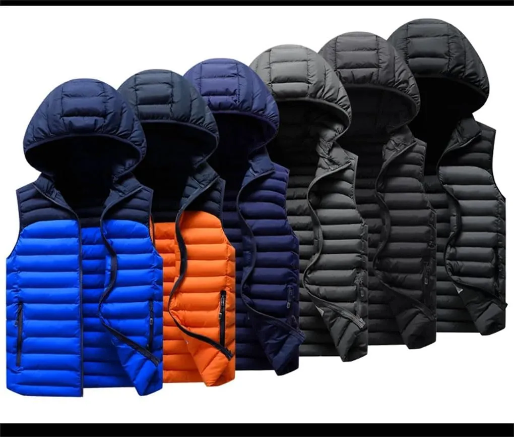 Winter Mens Hooded Coats Sleeveless Jacket Mens Down Vest Warm Thick Cotton-Padded Work Waistcoat Male Vest