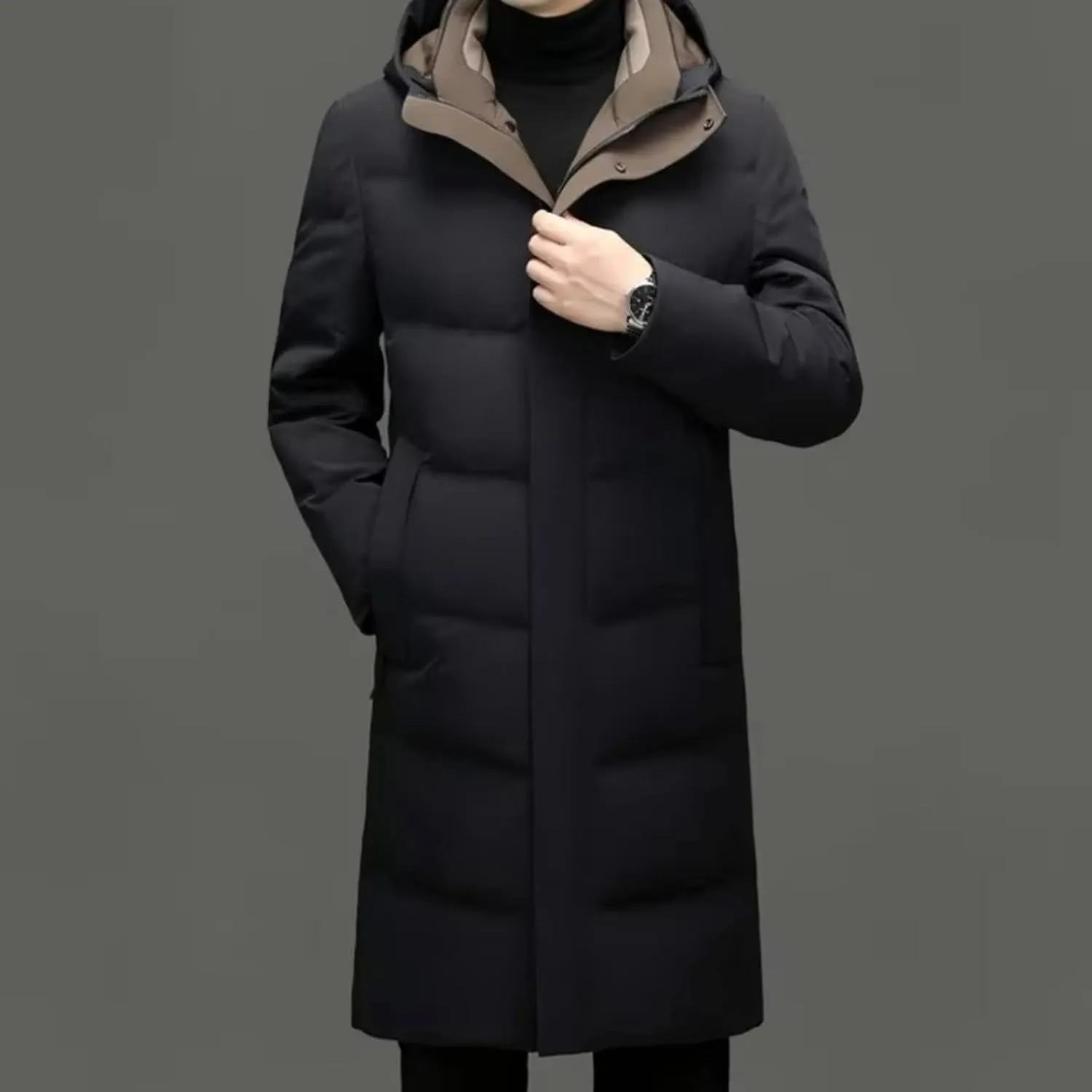 Winter Warm Down Jacket Men's Business Casual Long Hooded Warm Coat Male Lightweight Down Jacket