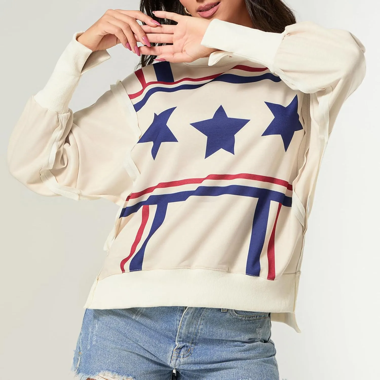 Women Oversized Star Graphic Sweatshirt Long Sleeve Drop Shoulder Shirts Top Y2k Retro Aesthetic Pullover Hoodies