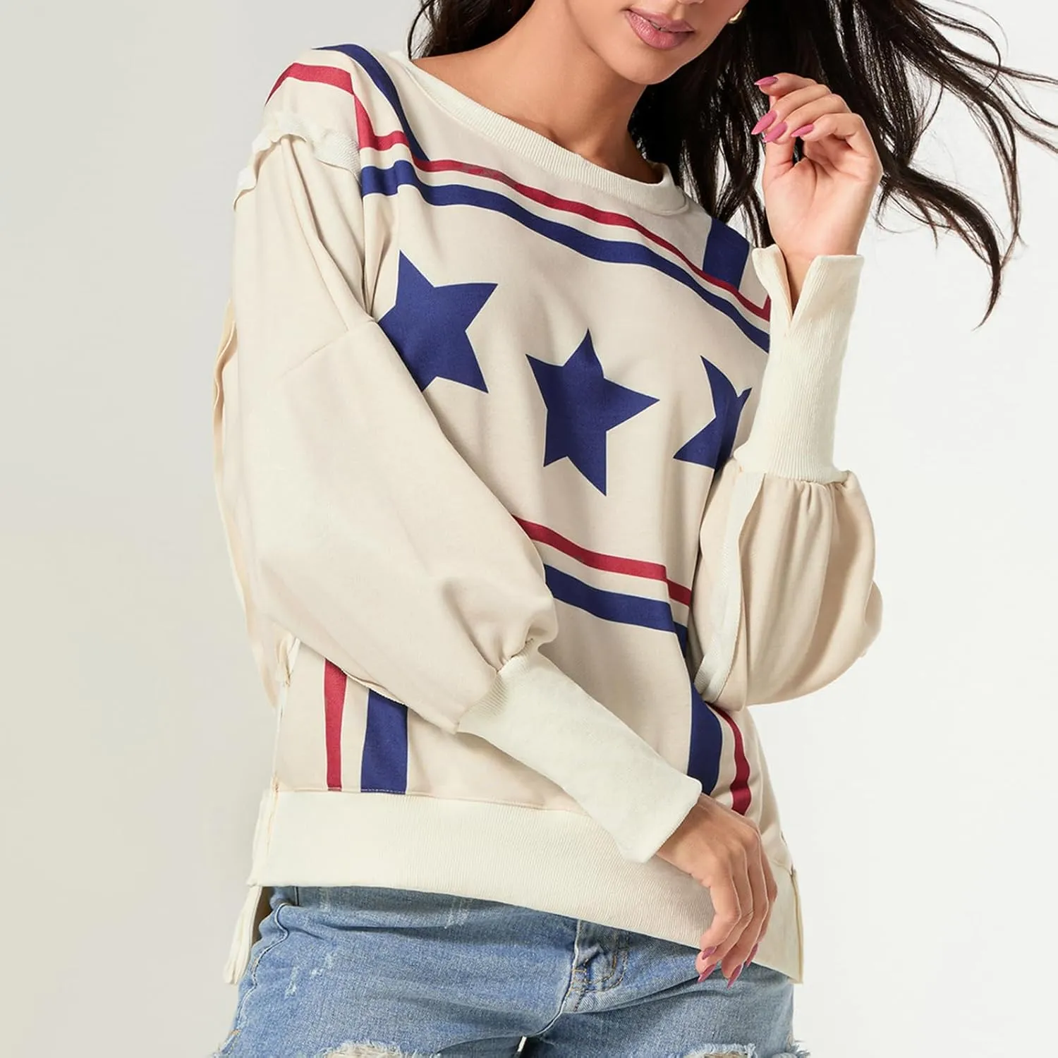 Women Oversized Star Graphic Sweatshirt Long Sleeve Drop Shoulder Shirts Top Y2k Retro Aesthetic Pullover Hoodies
