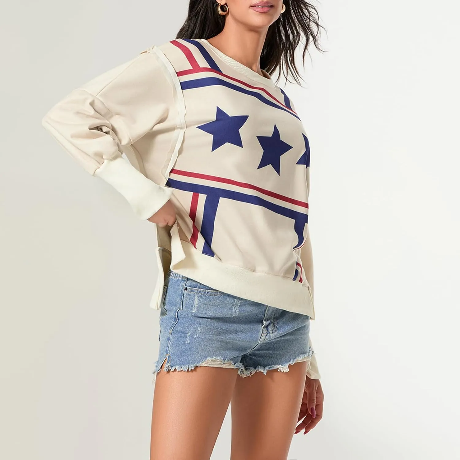 Women Oversized Star Graphic Sweatshirt Long Sleeve Drop Shoulder Shirts Top Y2k Retro Aesthetic Pullover Hoodies