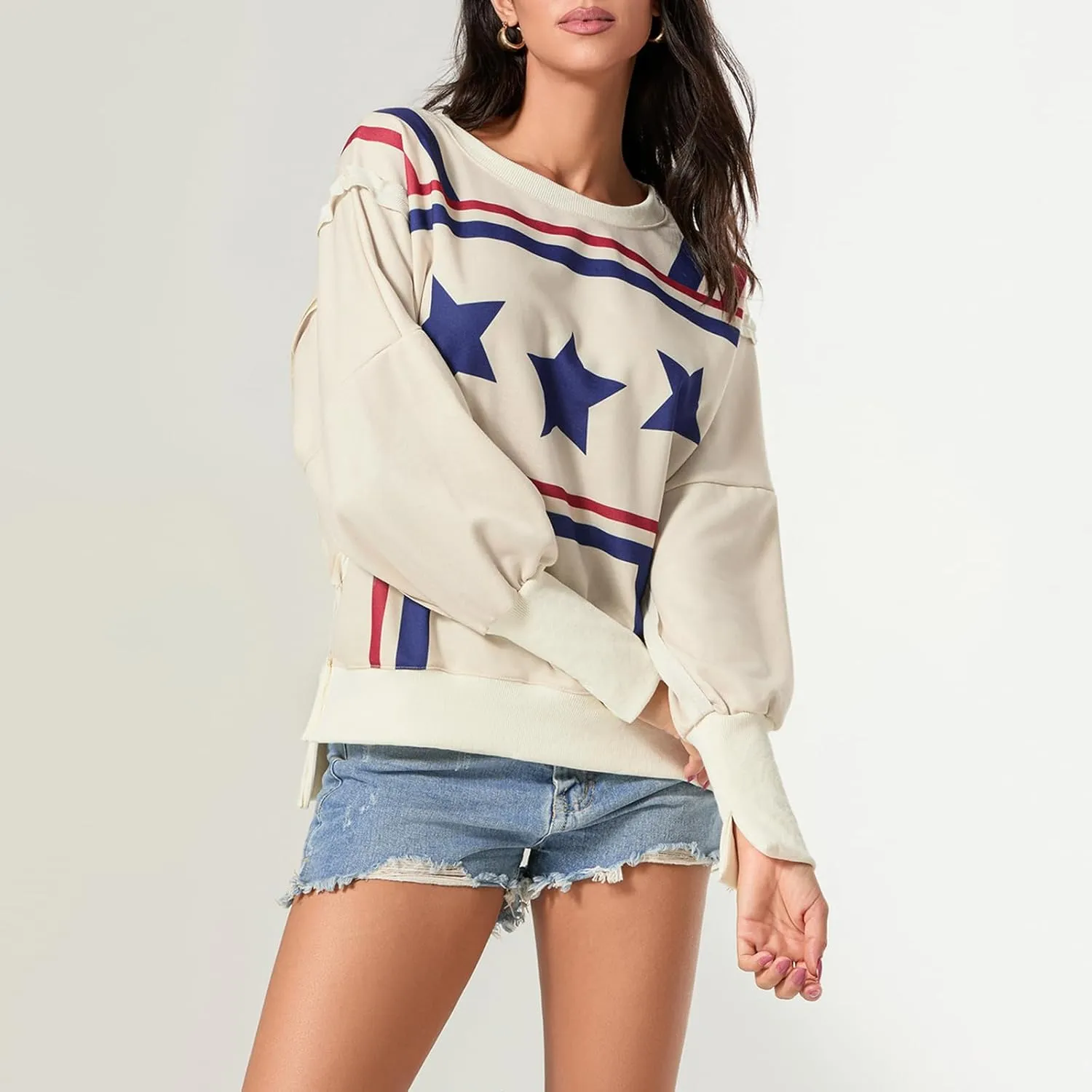 Women Oversized Star Graphic Sweatshirt Long Sleeve Drop Shoulder Shirts Top Y2k Retro Aesthetic Pullover Hoodies