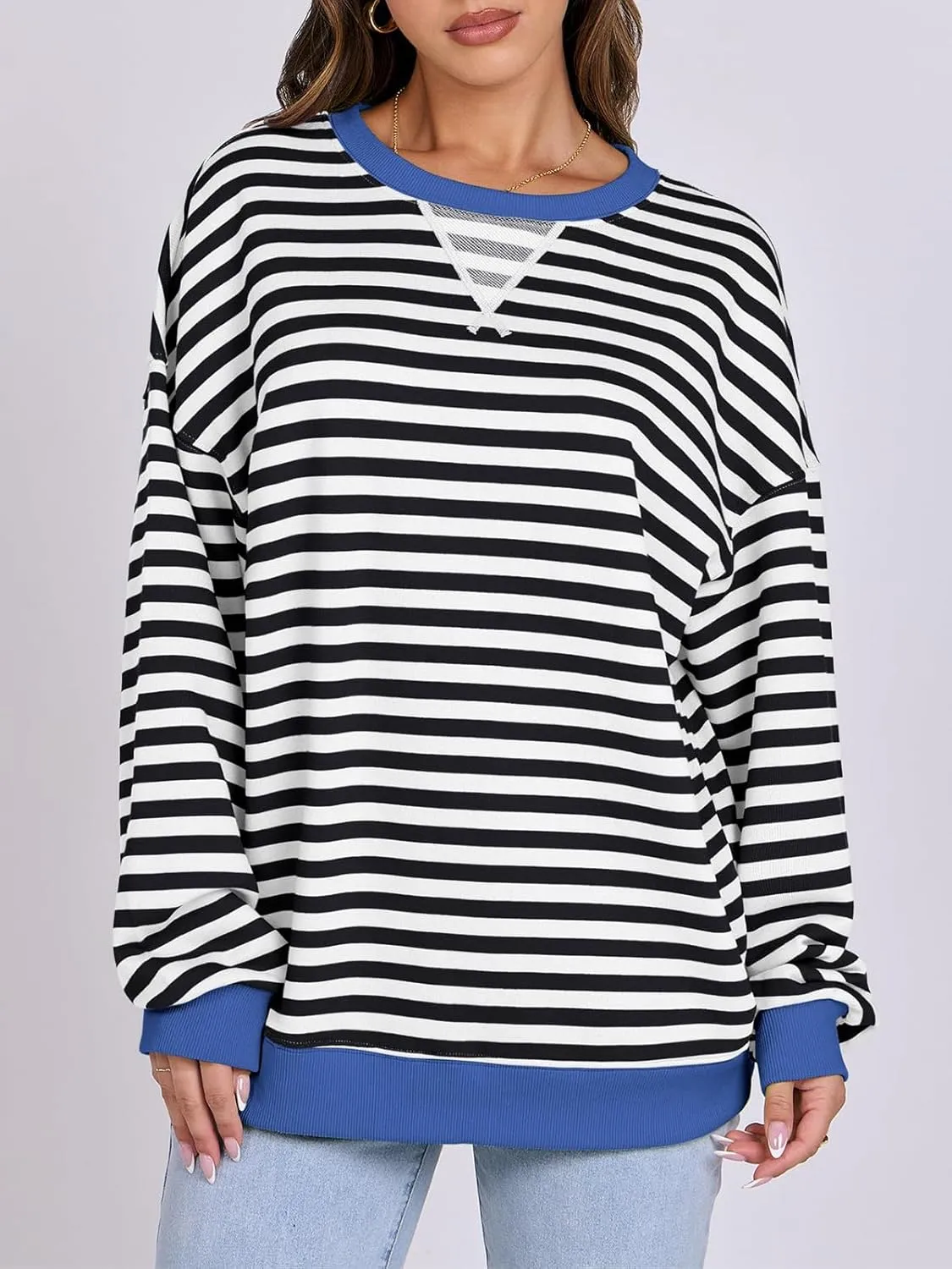 Women Oversized Striped Color Block Long Sleeve Crew Neck Sweatshirt Casual Loose Pullover Y2K Shirt Top