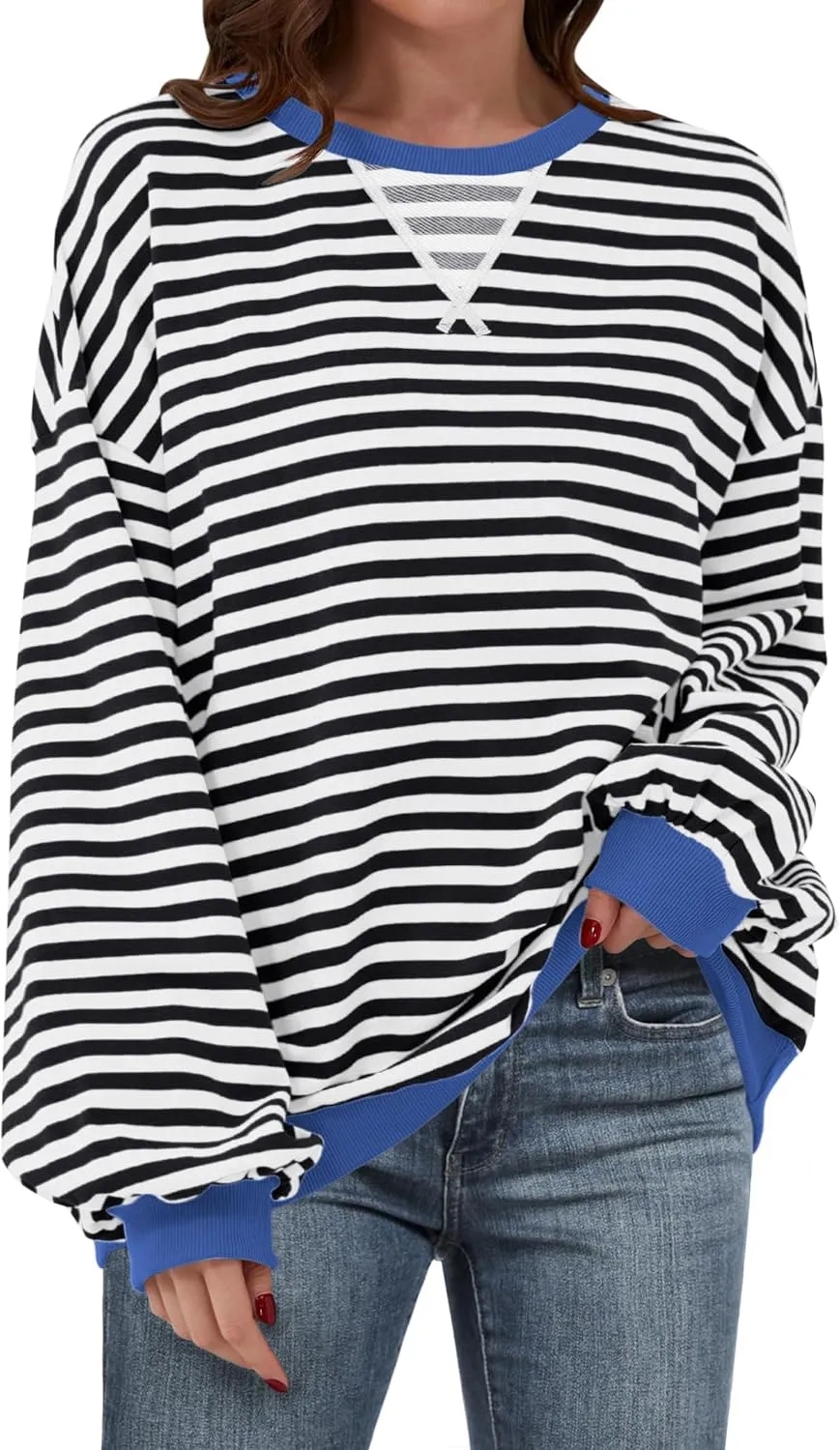 Women Oversized Striped Color Block Long Sleeve Crew Neck Sweatshirt Casual Loose Pullover Y2K Shirt Top