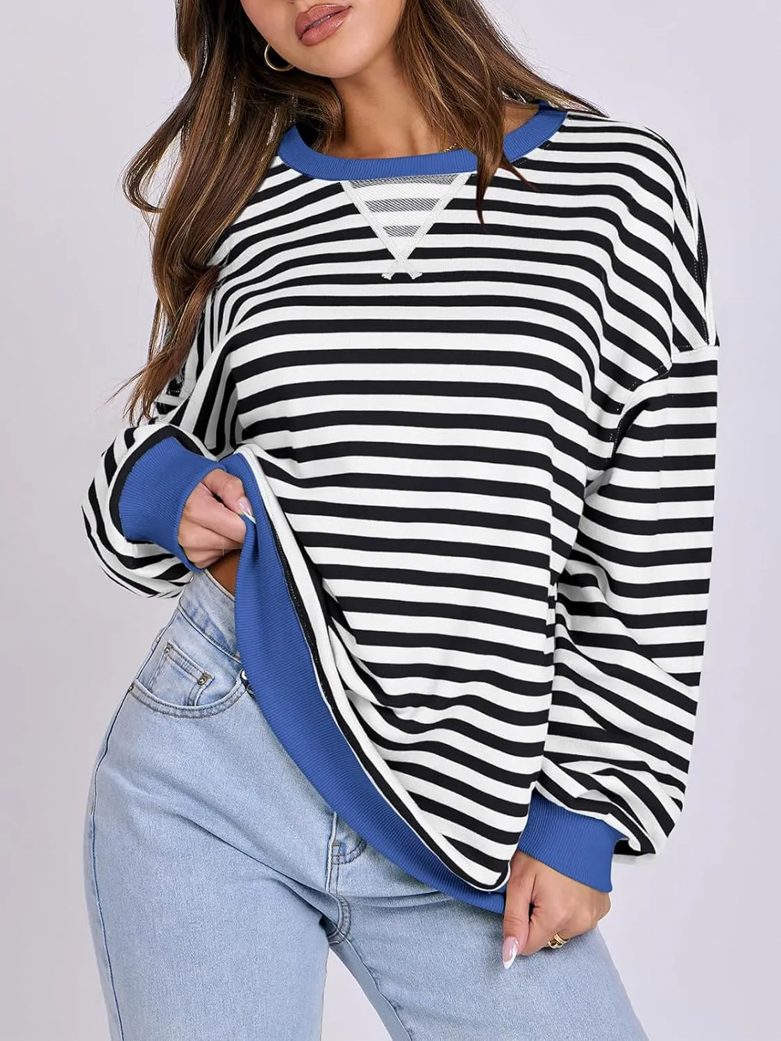 Women Oversized Striped Color Block Long Sleeve Crew Neck Sweatshirt Casual Loose Pullover Y2K Shirt Top