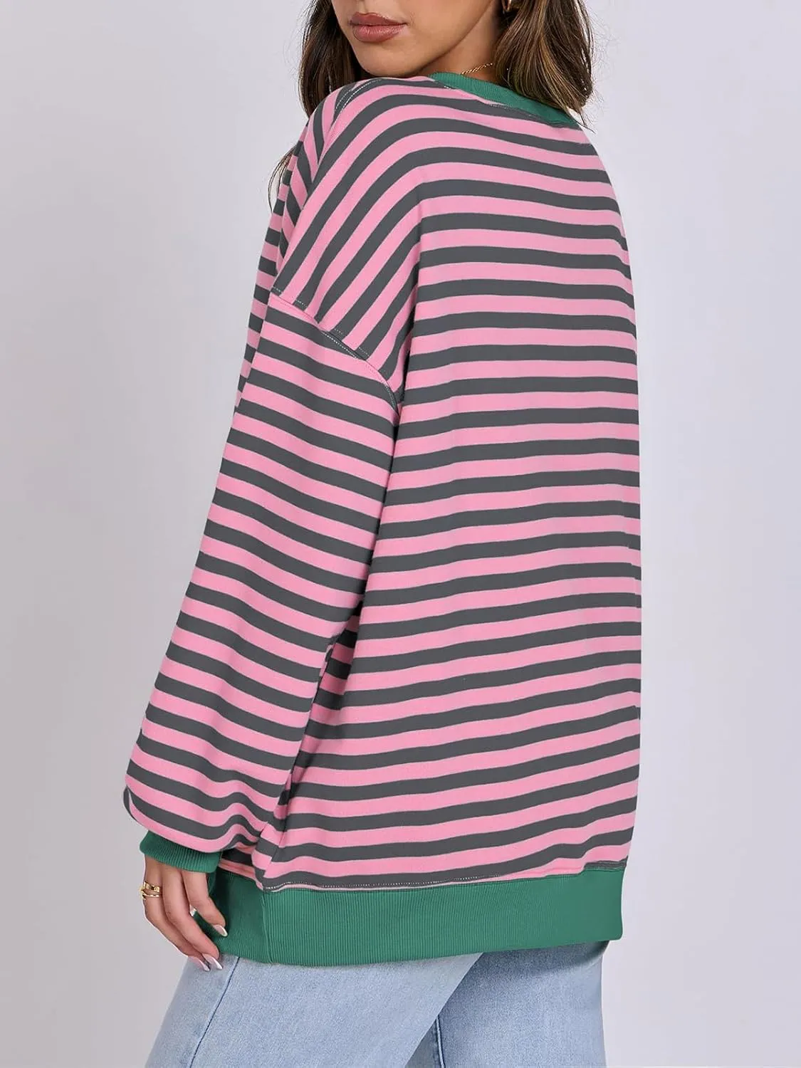Women Oversized Striped Color Block Long Sleeve Crew Neck Sweatshirt Casual Loose Pullover Y2K Shirt Top