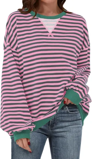 Women Oversized Striped Color Block Long Sleeve Crew Neck Sweatshirt Casual Loose Pullover Y2K Shirt Top
