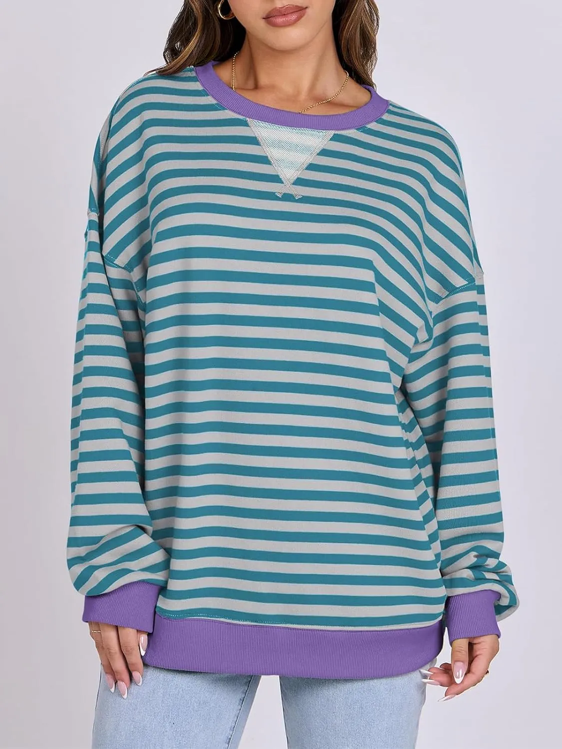 Women Oversized Striped Color Block Long Sleeve Crew Neck Sweatshirt Casual Loose Pullover Y2K Shirt Top
