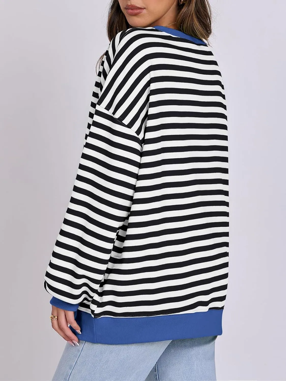 Women Oversized Striped Color Block Long Sleeve Crew Neck Sweatshirt Casual Loose Pullover Y2K Shirt Top