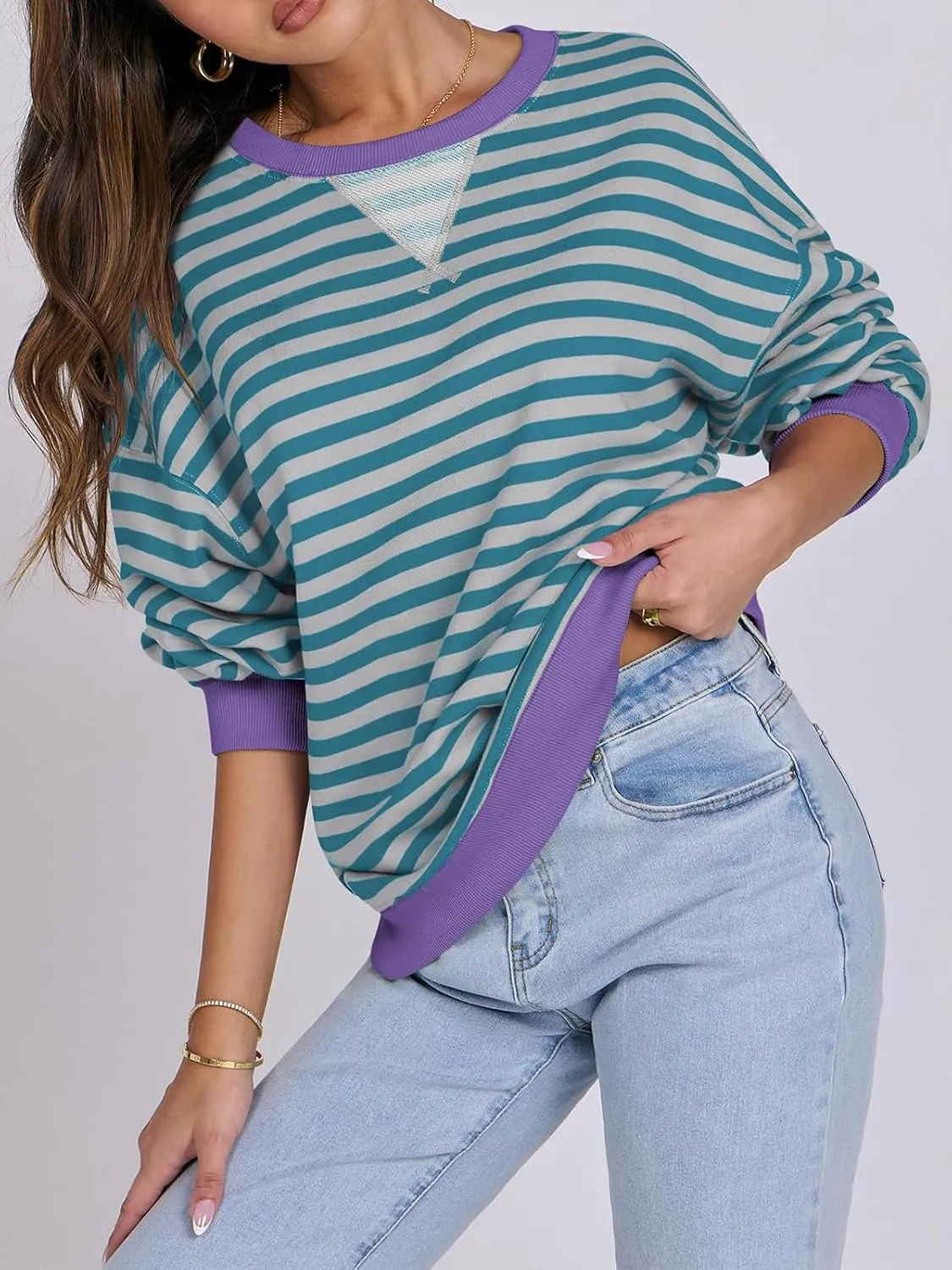 Women Oversized Striped Color Block Long Sleeve Crew Neck Sweatshirt Casual Loose Pullover Y2K Shirt Top
