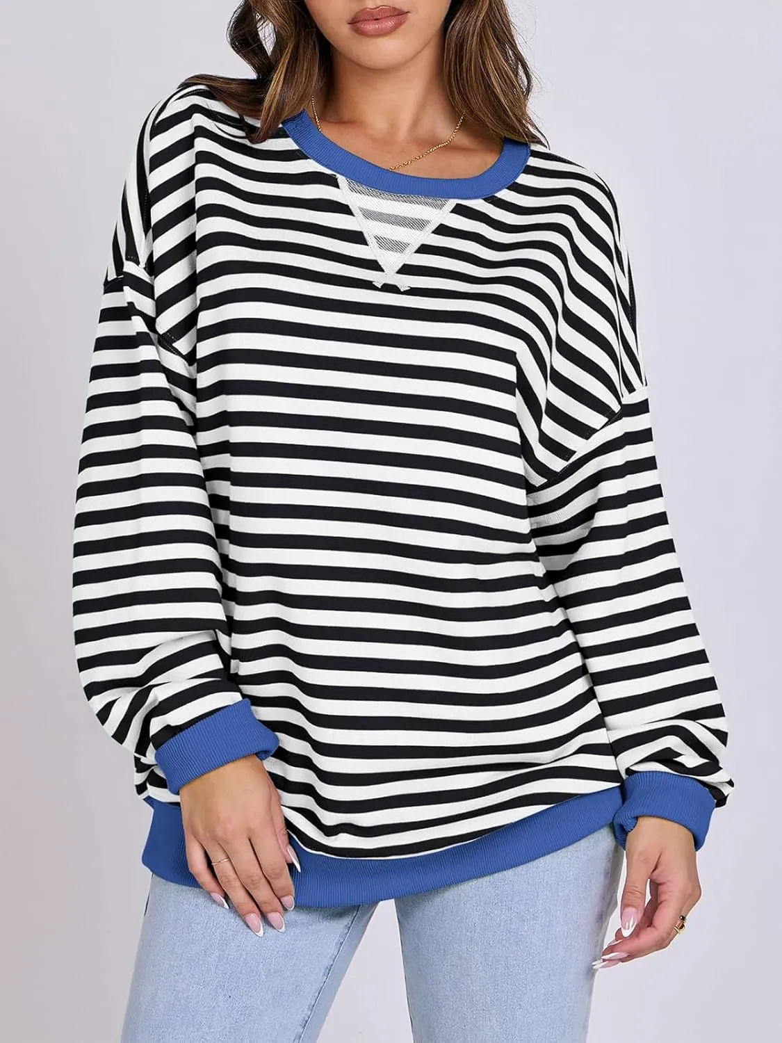 Women Oversized Striped Color Block Long Sleeve Crew Neck Sweatshirt Casual Loose Pullover Y2K Shirt Top