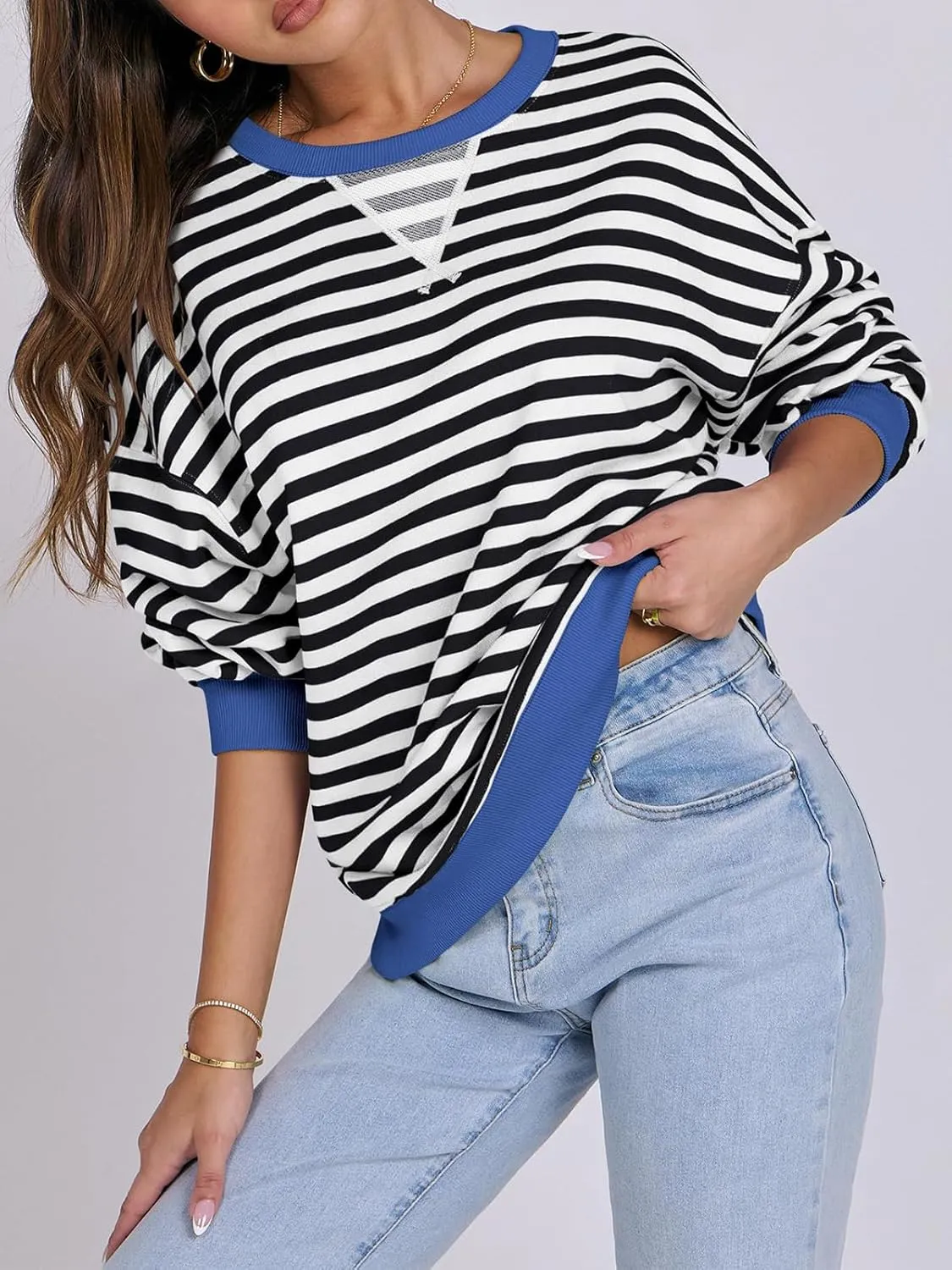 Women Oversized Striped Color Block Long Sleeve Crew Neck Sweatshirt Casual Loose Pullover Y2K Shirt Top