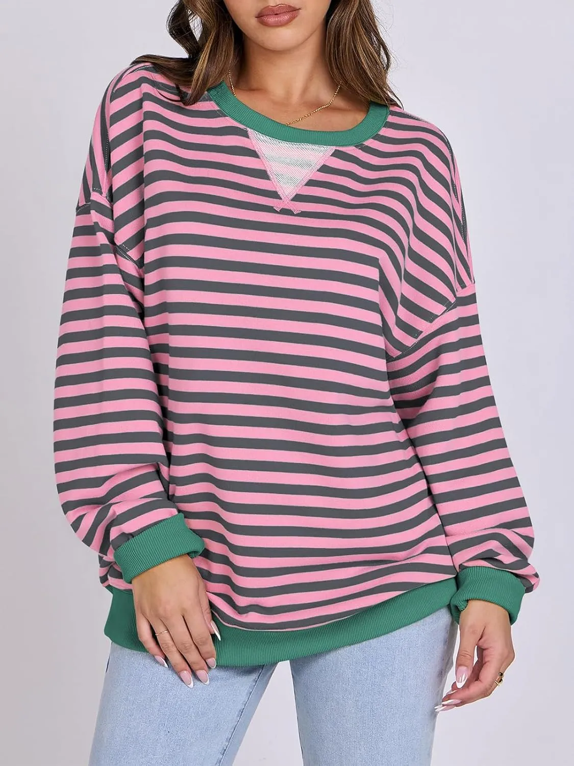Women Oversized Striped Color Block Long Sleeve Crew Neck Sweatshirt Casual Loose Pullover Y2K Shirt Top