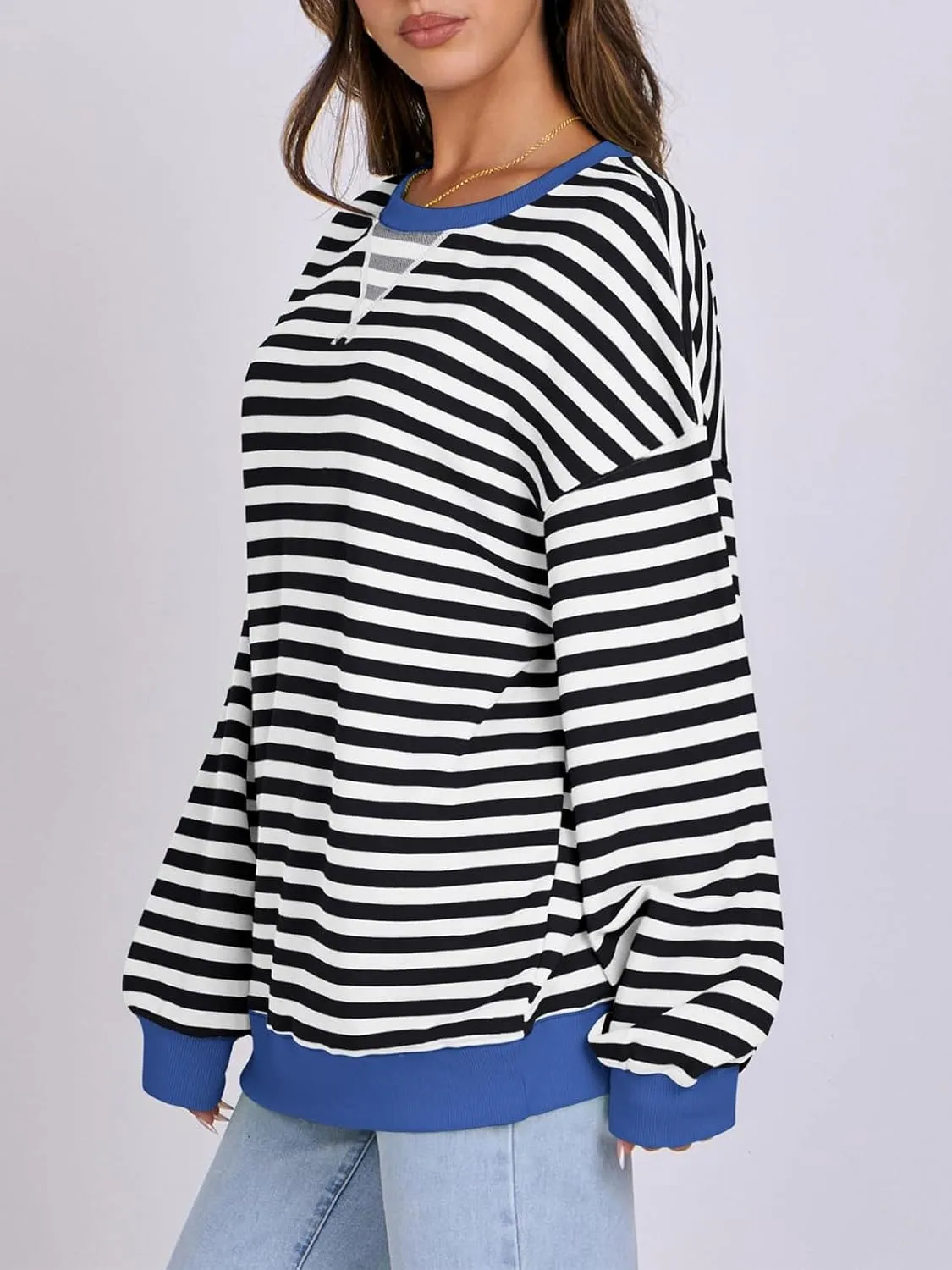 Women Oversized Striped Color Block Long Sleeve Crew Neck Sweatshirt Casual Loose Pullover Y2K Shirt Top