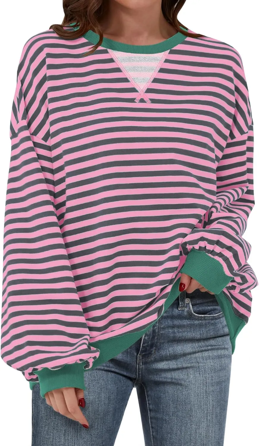 Women Oversized Striped Color Block Long Sleeve Crew Neck Sweatshirt Casual Loose Pullover Y2K Shirt Top