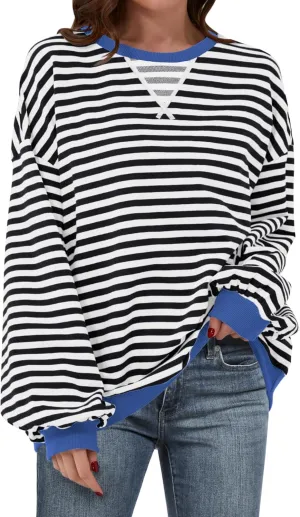 Women Oversized Striped Color Block Long Sleeve Crew Neck Sweatshirt Casual Loose Pullover Y2K Shirt Top