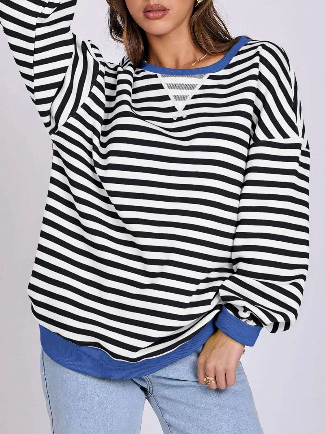 Women Oversized Striped Color Block Long Sleeve Crew Neck Sweatshirt Casual Loose Pullover Y2K Shirt Top