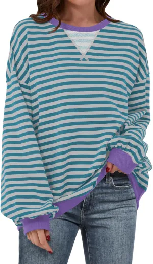Women Oversized Striped Color Block Long Sleeve Crew Neck Sweatshirt Casual Loose Pullover Y2K Shirt Top