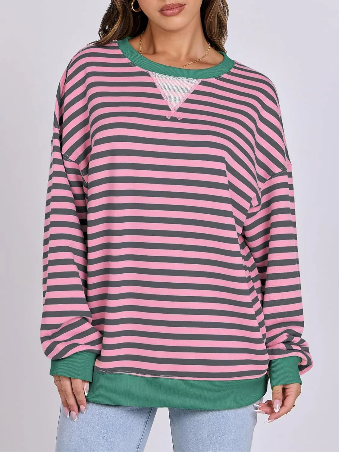 Women Oversized Striped Color Block Long Sleeve Crew Neck Sweatshirt Casual Loose Pullover Y2K Shirt Top