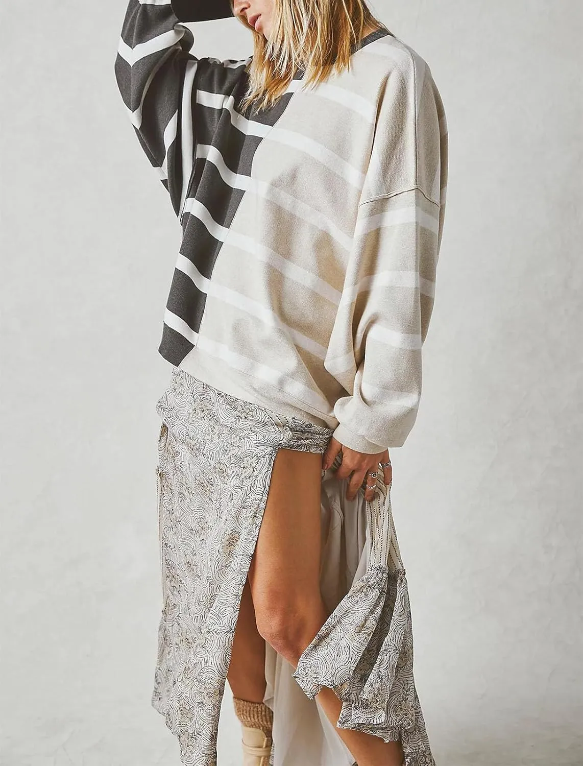 Women Oversized Sweatshirts Y2k Striped Shirts Color Block Long Sleeve Crewneck Sweatshirt Casual Loose Pullover Top