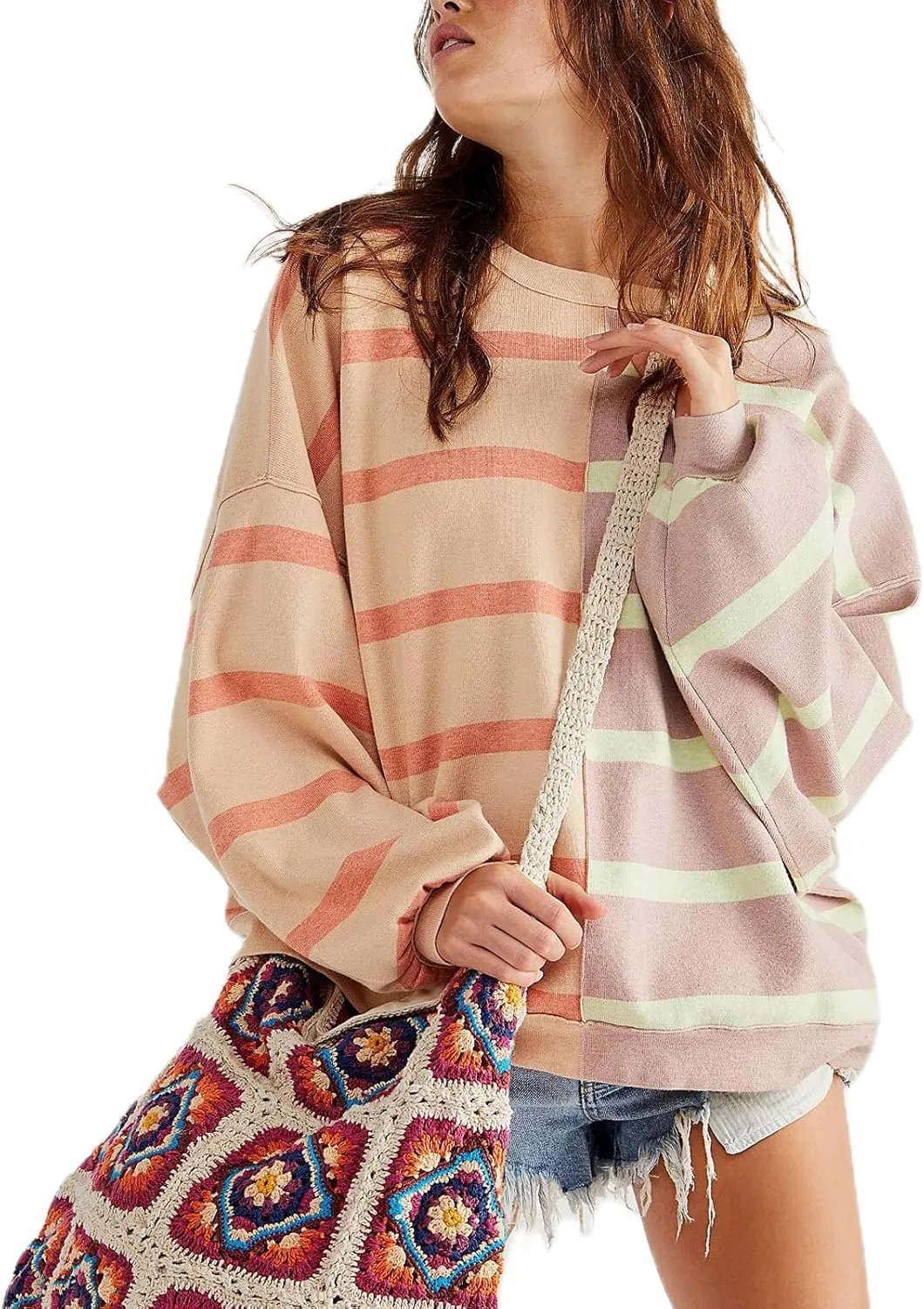 Women Oversized Sweatshirts Y2k Striped Shirts Color Block Long Sleeve Crewneck Sweatshirt Casual Loose Pullover Top