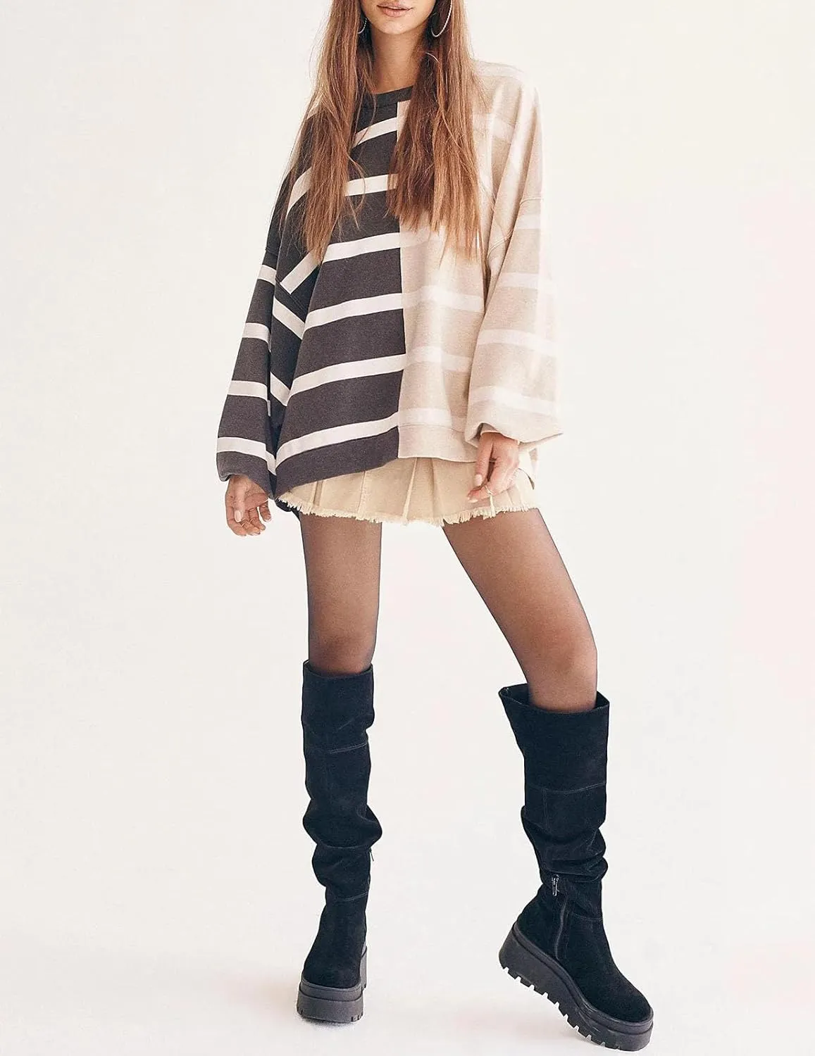 Women Oversized Sweatshirts Y2k Striped Shirts Color Block Long Sleeve Crewneck Sweatshirt Casual Loose Pullover Top