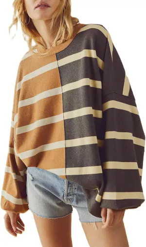 Women Oversized Sweatshirts Y2k Striped Shirts Color Block Long Sleeve Crewneck Sweatshirt Casual Loose Pullover Top