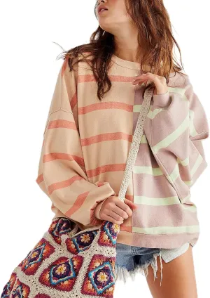 Women Oversized Sweatshirts Y2k Striped Shirts Color Block Long Sleeve Crewneck Sweatshirt Casual Loose Pullover Top