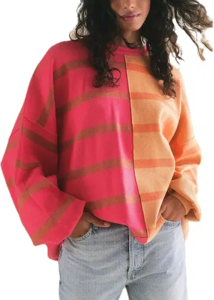 Women Oversized Sweatshirts Y2k Striped Shirts Color Block Long Sleeve Crewneck Sweatshirt Casual Loose Pullover Top