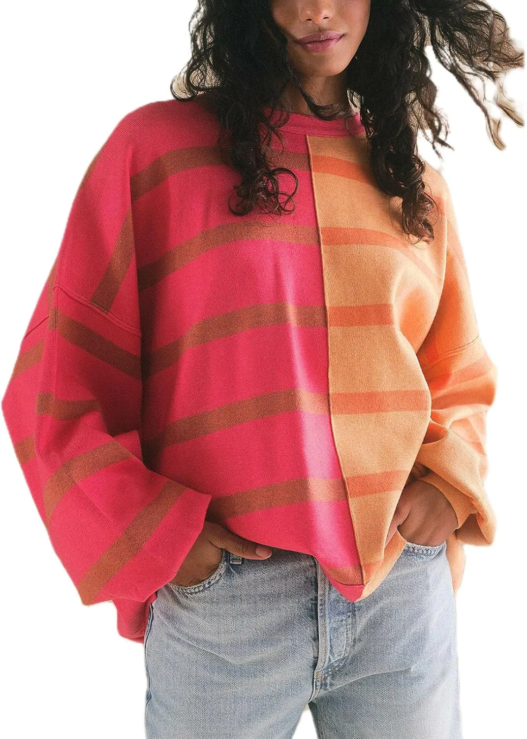 Women Oversized Sweatshirts Y2k Striped Shirts Color Block Long Sleeve Crewneck Sweatshirt Casual Loose Pullover Top