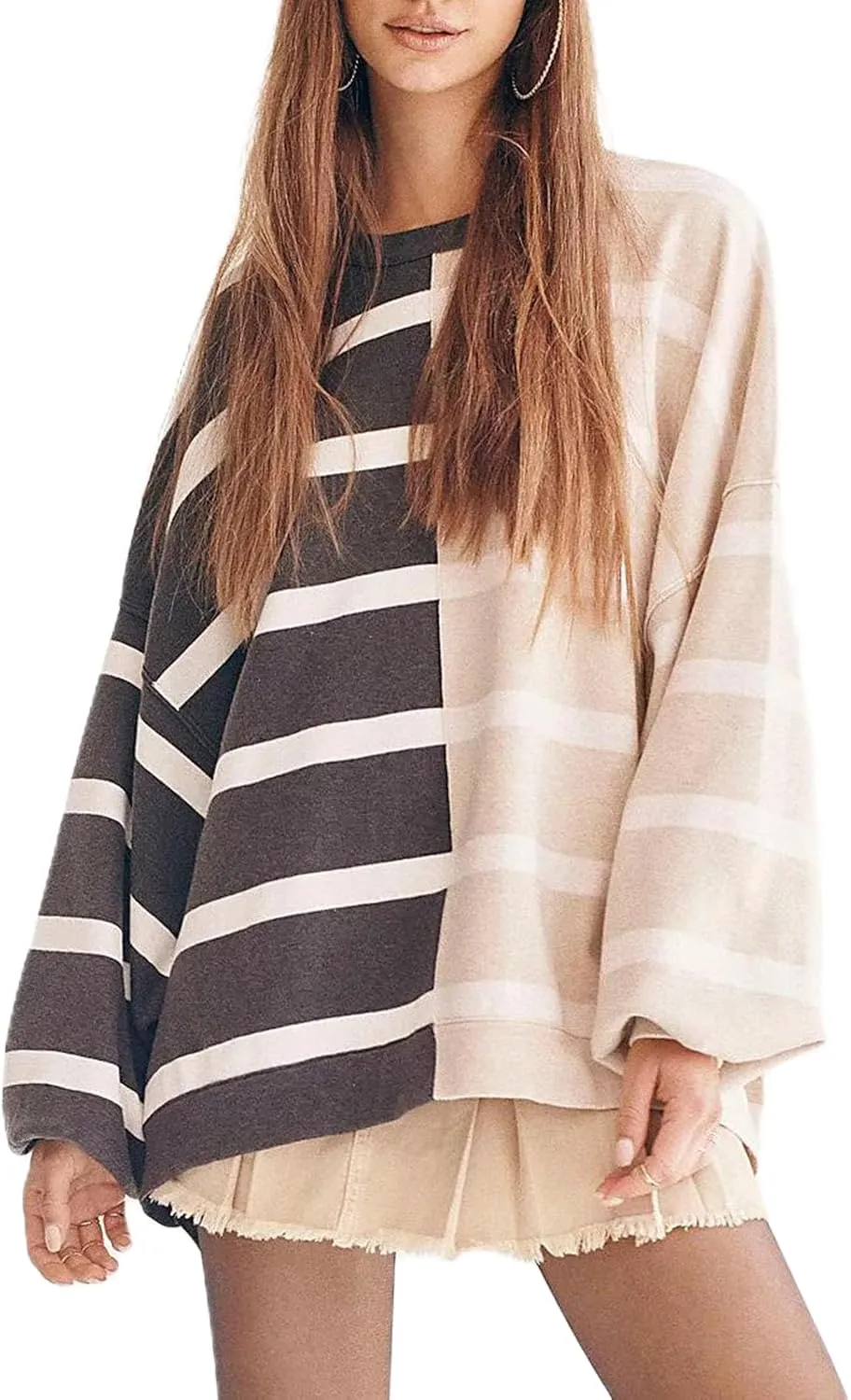 Women Oversized Sweatshirts Y2k Striped Shirts Color Block Long Sleeve Crewneck Sweatshirt Casual Loose Pullover Top