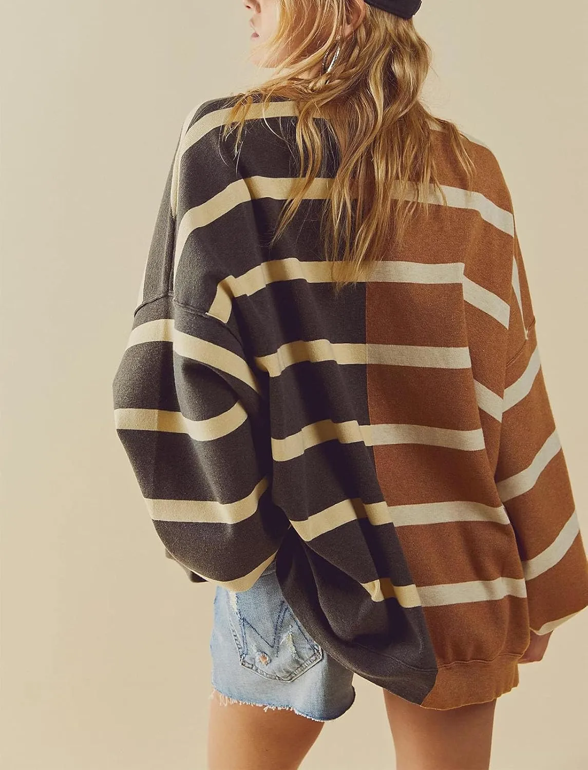 Women Oversized Sweatshirts Y2k Striped Shirts Color Block Long Sleeve Crewneck Sweatshirt Casual Loose Pullover Top