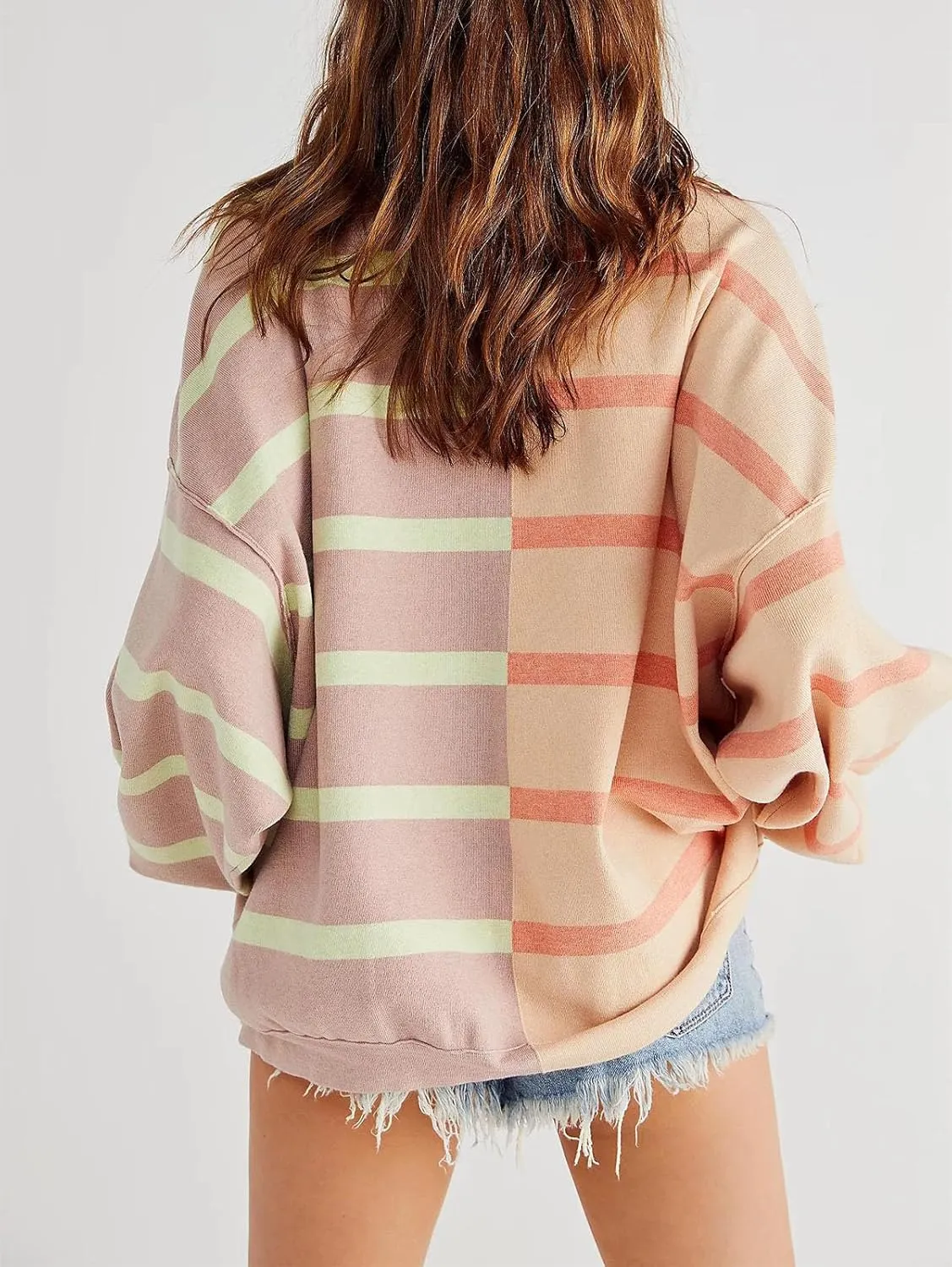 Women Oversized Sweatshirts Y2k Striped Shirts Color Block Long Sleeve Crewneck Sweatshirt Casual Loose Pullover Top