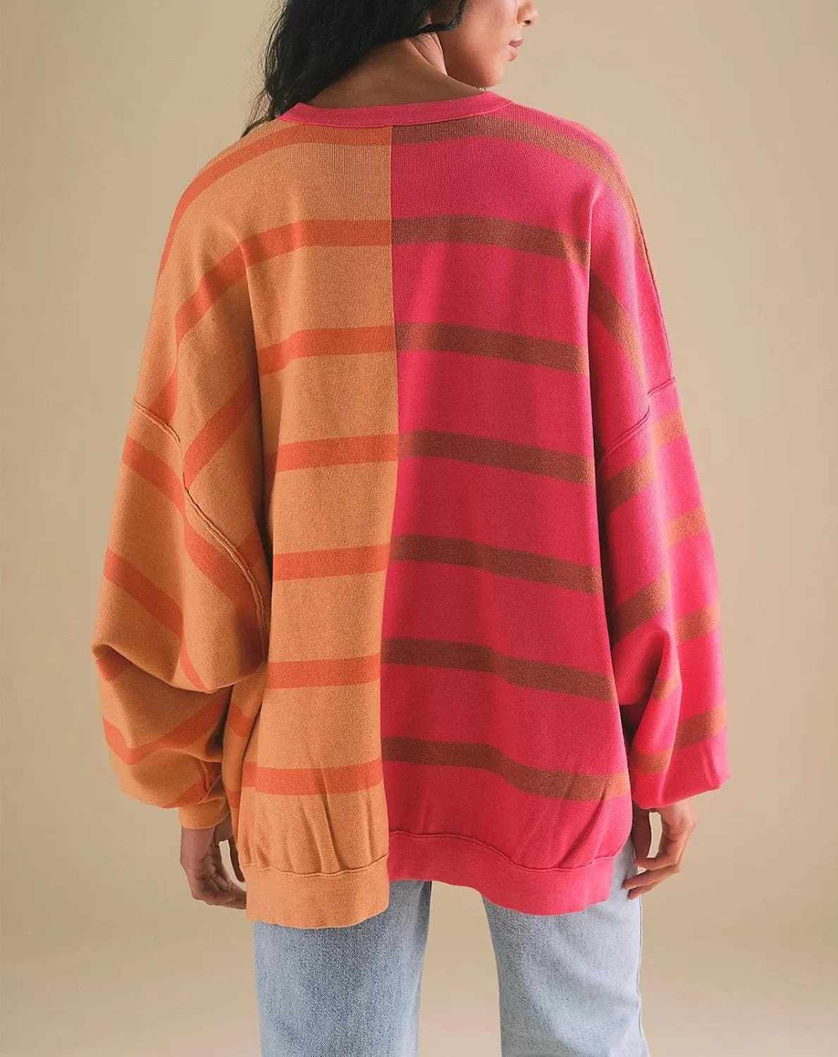 Women Oversized Sweatshirts Y2k Striped Shirts Color Block Long Sleeve Crewneck Sweatshirt Casual Loose Pullover Top