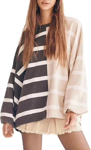 Women Oversized Sweatshirts Y2k Striped Shirts Color Block Long Sleeve Crewneck Sweatshirt Casual Loose Pullover Top